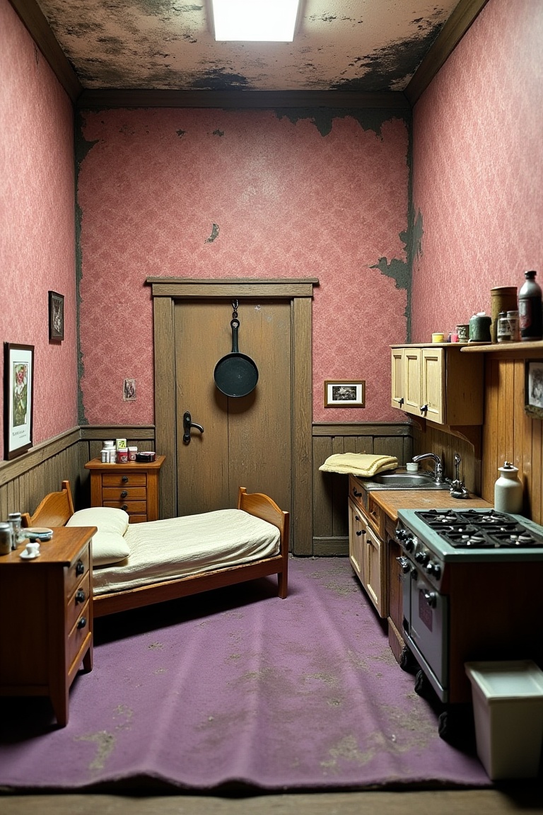 Detailed miniature diorama of a cramped,  weathered room with somber,  lived-in atmosphere: aging pink patterned wallpaper...