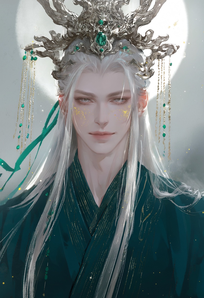 l0bby,  male with long silver-white hair tied with jade green ribbon,  soft grey eyes with golden flecks on Tensor.Art