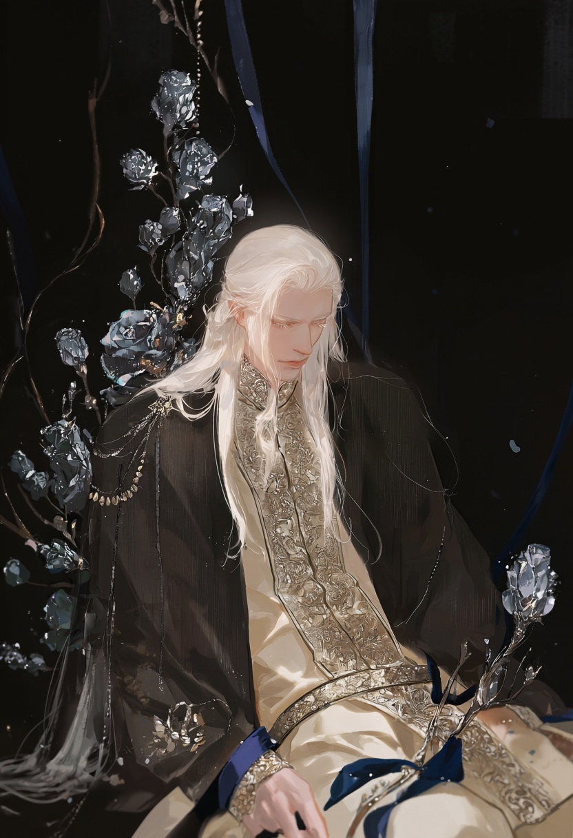 l0bby,  1boy,  moonlit prince seated in shadow with white hair and delicate lashes on Tensor.Art