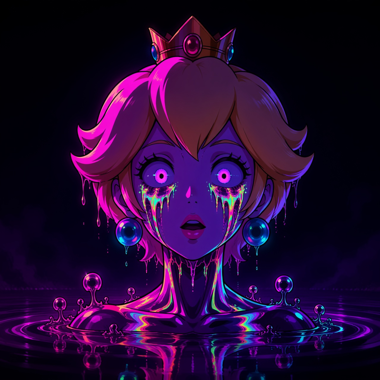mono psychedelic horror portrait of Princess Peach,  mono psychedelic horror portrait,  tightly framed character-centered...