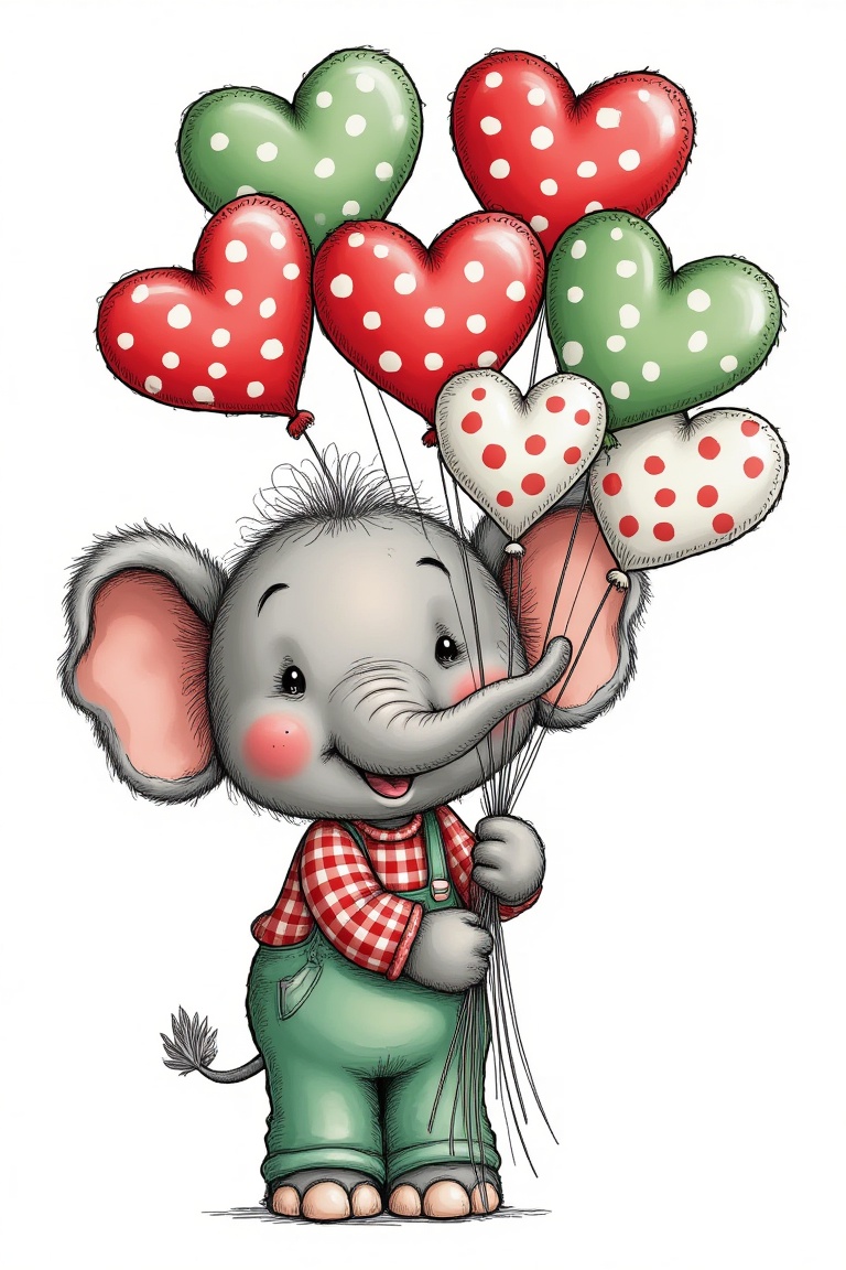 The image shows an adorable,  cartoon-style elephant holding a bunch of colorful heart-shaped balloons. The balloons are d...