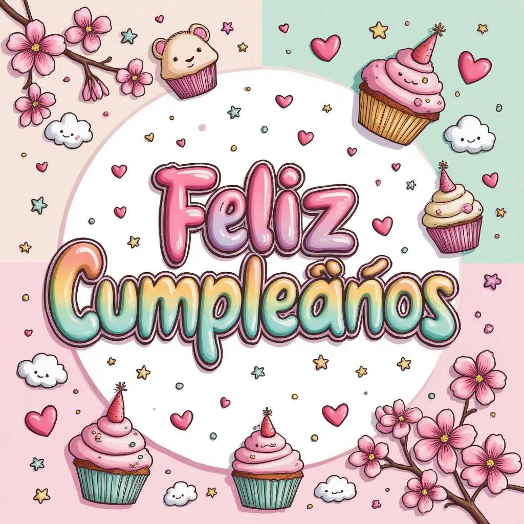 Kawaii-style birthday card,  front-facing flat lay composition,  soft pastel pink and mint background with scattered candy...