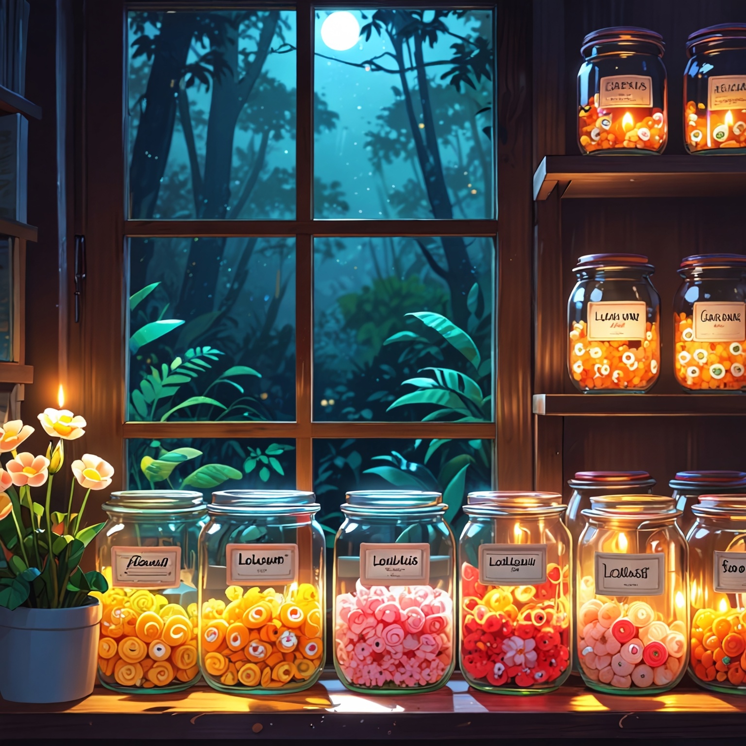 masterpiece,  concept art,  a group of glass jars filled with flowers on Tensor.Art