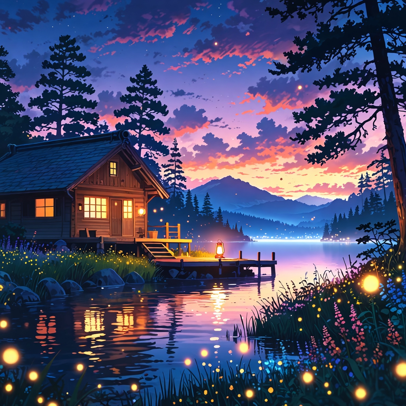 A mystical anime lakeside at twilight,  featuring a cozy wooden cabin surrounded by glowing fireflies and towering pine tr...