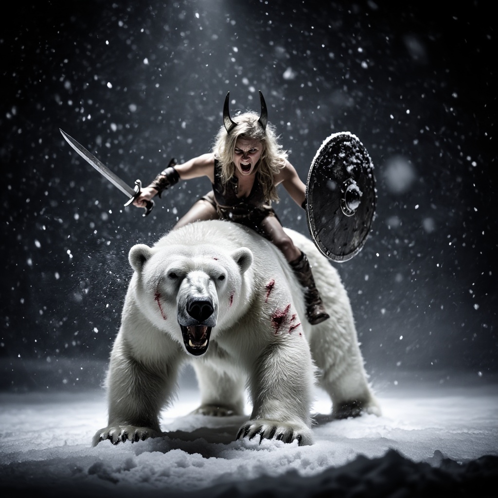 Portriat of A menacing large ferocious polar bear with battle scars,  growling and snarling,  lunges forward under the cov...