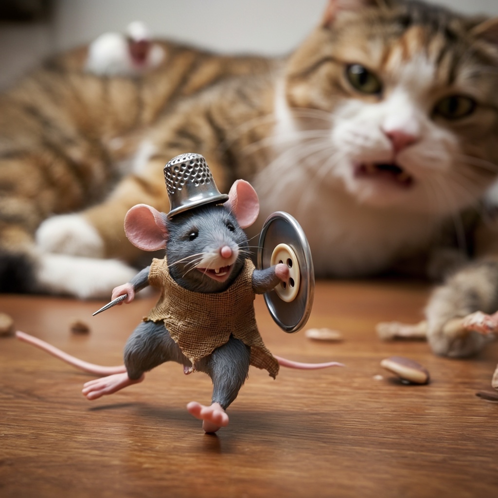 photo-realistic image of tiny mouse warrior,  wearing a helmet of thimble,  holding a needle and shield of button on Tenso...