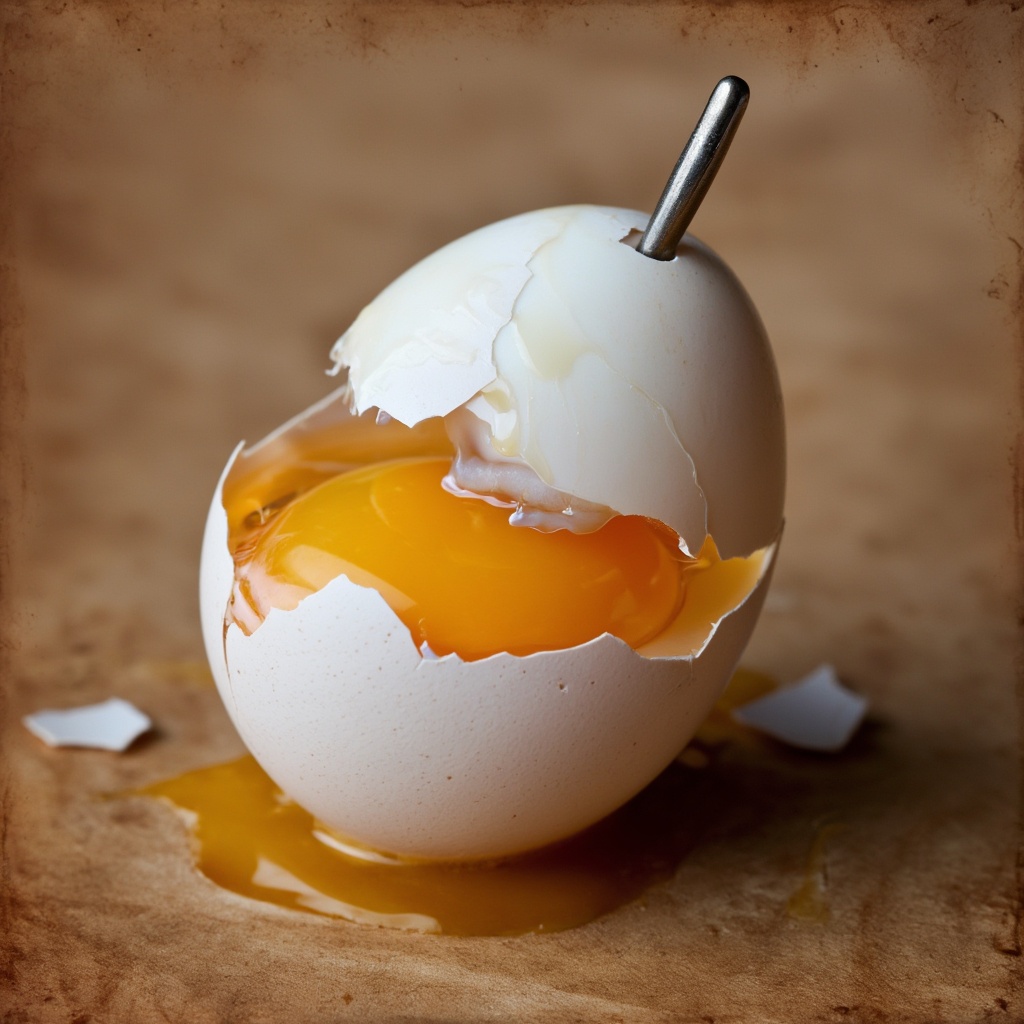 A surreal still life rendered in encaustic paint,  where a boiled egg with fractured shell,  glossy white on Tensor.Art