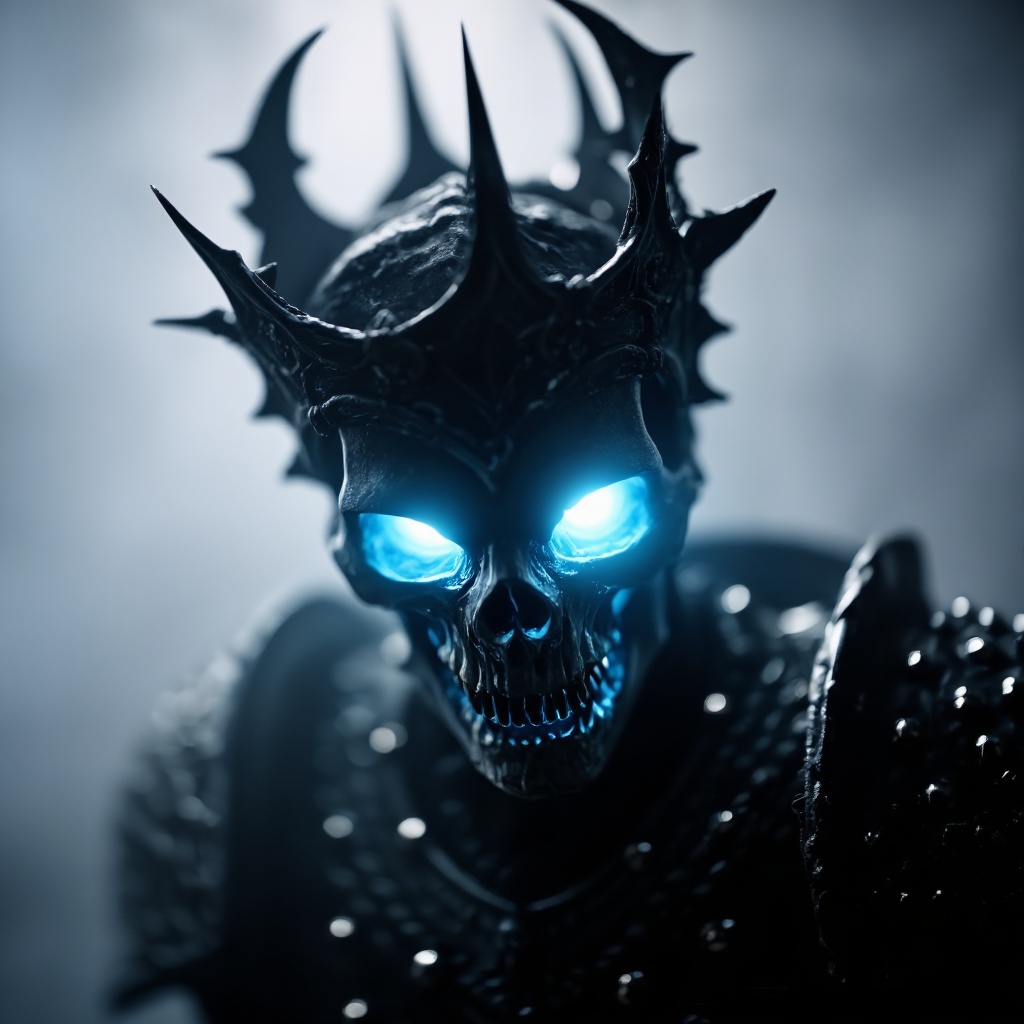 A skeletal king wears a menacing,  spiked crown,  its jagged points casting sharp shadows. Its eye sockets blaze with an i...