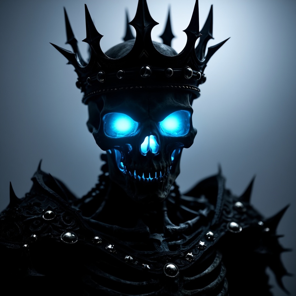 A skeletal king wears a menacing,  spiked crown,  its jagged points casting sharp shadows. Its eye sockets blaze with an i...