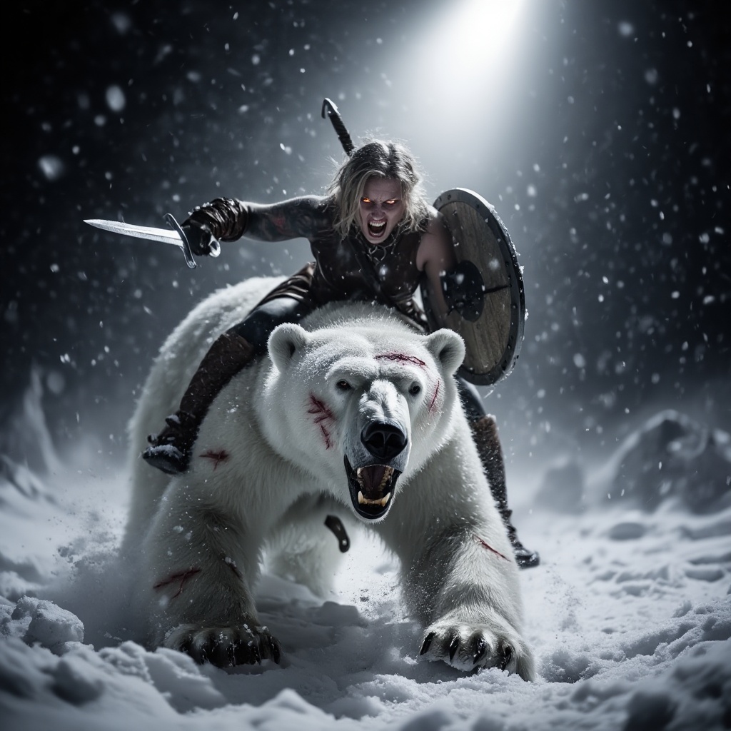 Portriat of A menacing large ferocious polar bear with battle scars,  growling and snarling,  lunges forward under the cov...