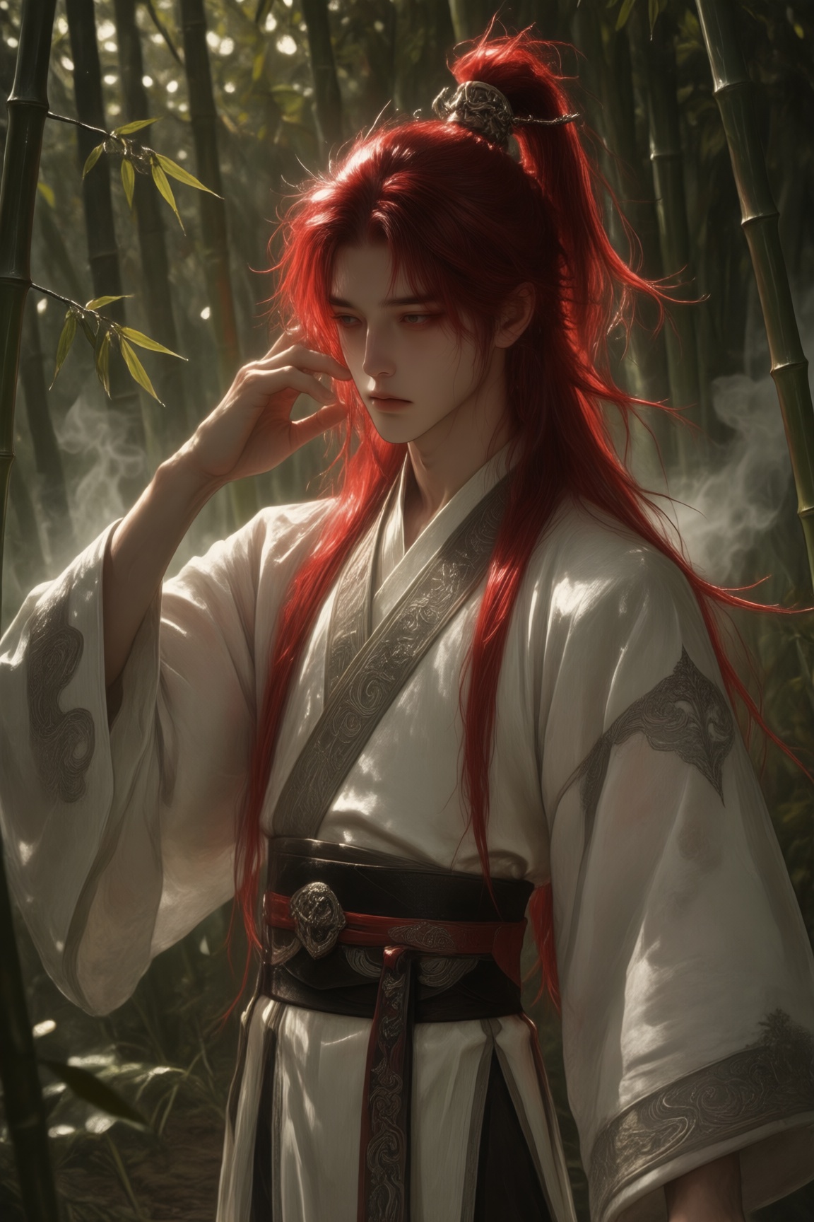 A male figure stands in a bamboo forest under dappled sunlight,  his expressionless face framed by parted bangs. His long,...