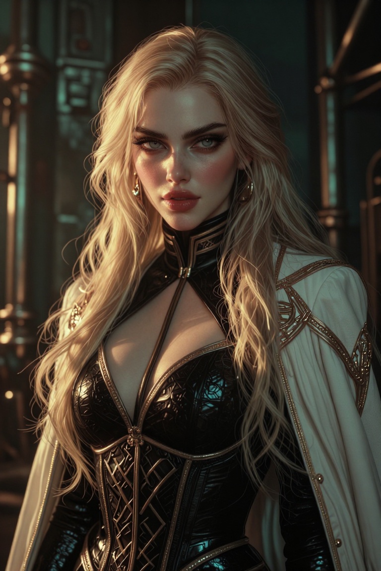 The image depicts a highly stylized,  futuristic character with long,  flowing blonde hair. She is wearing a black on Tens...