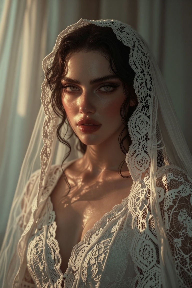 The image depicts a person wearing a white lace veil and a white lace garment. The veil covers the person's hair and drape...