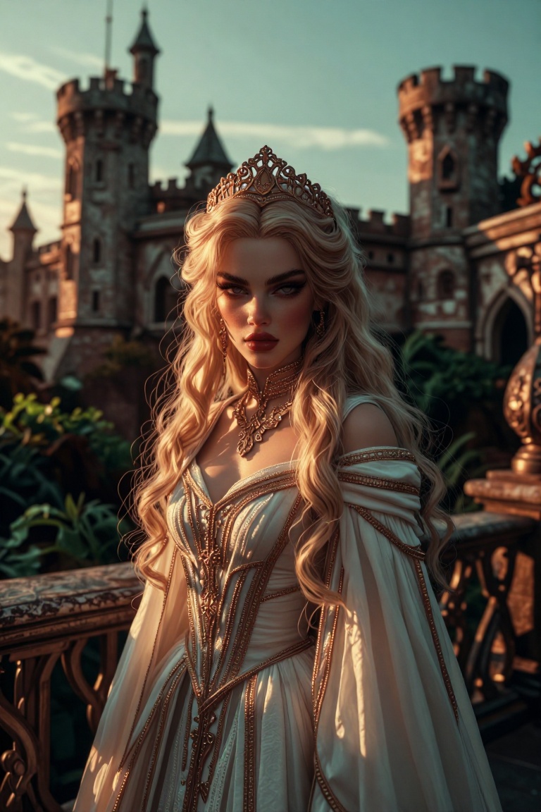 The image depicts a doll with long,  wavy blonde hair styled in elegant curls,  adorned with a golden headpiece and matchi...