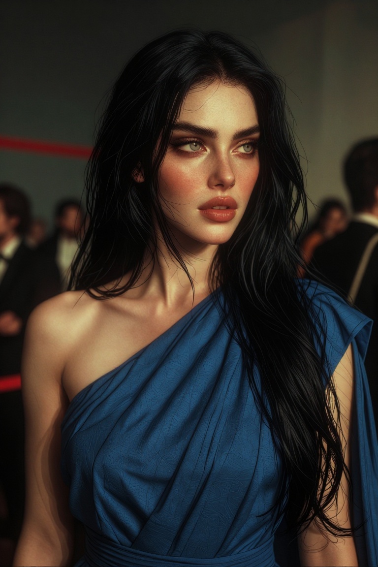 The image shows a person wearing a blue,  one-shoulder dress with a textured fabric. The individual has long,  straight bl...