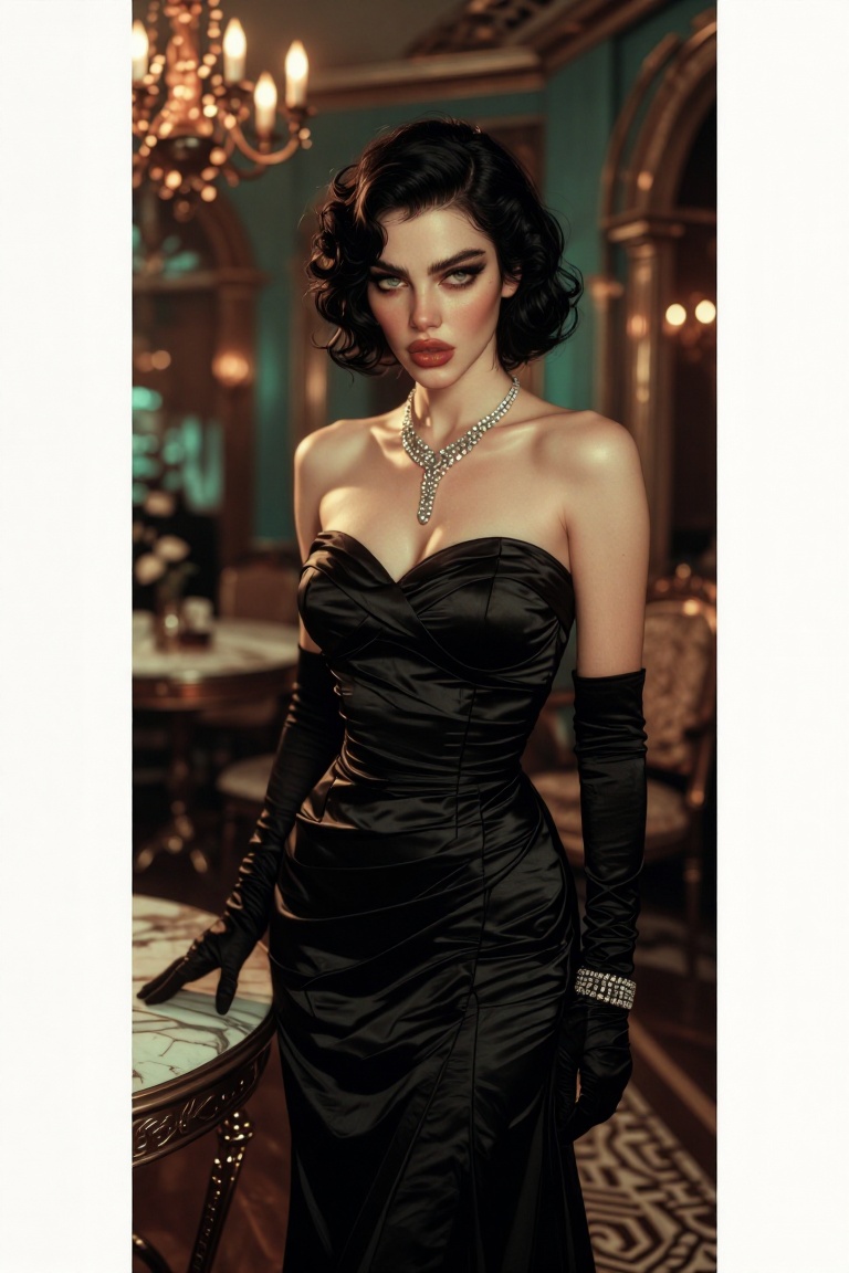The image depicts a woman standing elegantly in a luxurious setting. She is wearing a strapless black satin gown that hugs...