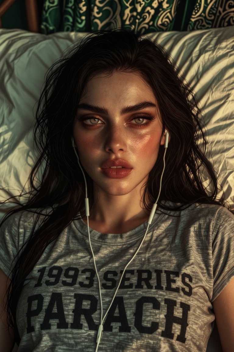 The image shows a person lying on a bed with a light-colored pillow. The person is wearing a gray t-shirt with the text "1...