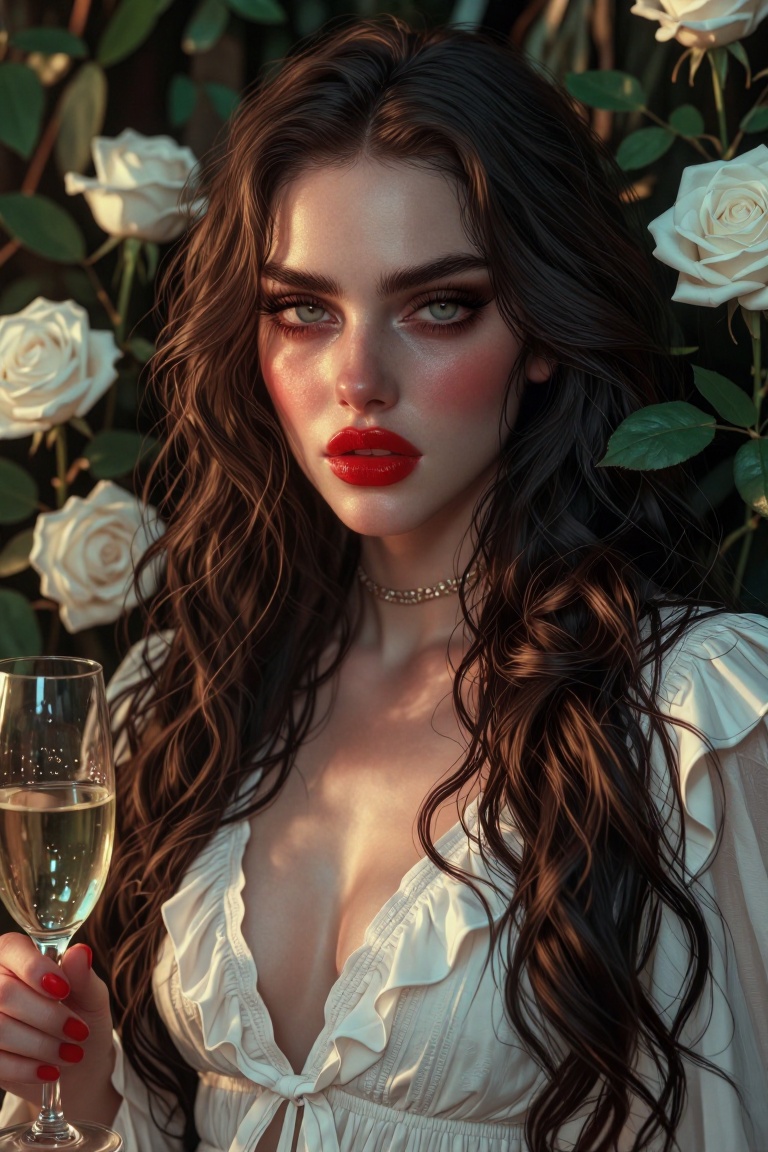 The image depicts a young woman with long,  wavy brown hair and striking green eyes. She is wearing a white dress with ruf...