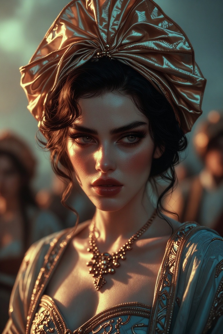 The image depicts a person adorned in an elegant,  vintage-style outfit. The individual is wearing a large,  ornate headpi...