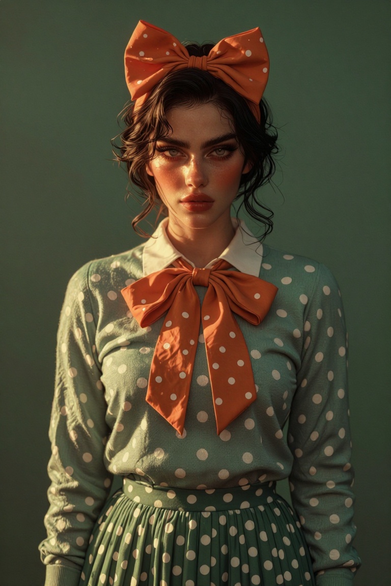 The image shows a person standing against a solid green background. The individual is wearing a light green sweater with w...