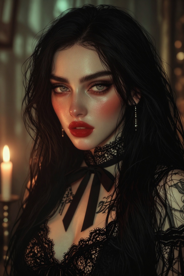 The image depicts a young woman with long,  dark hair and striking features. She has large,  expressive eyes and is wearin...