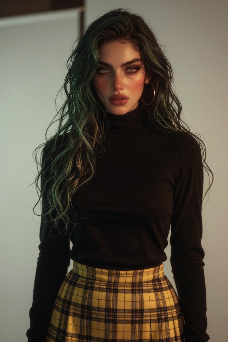 The image shows a person wearing a black long-sleeve turtleneck sweater paired with a yellow plaid skirt. The person has l...
