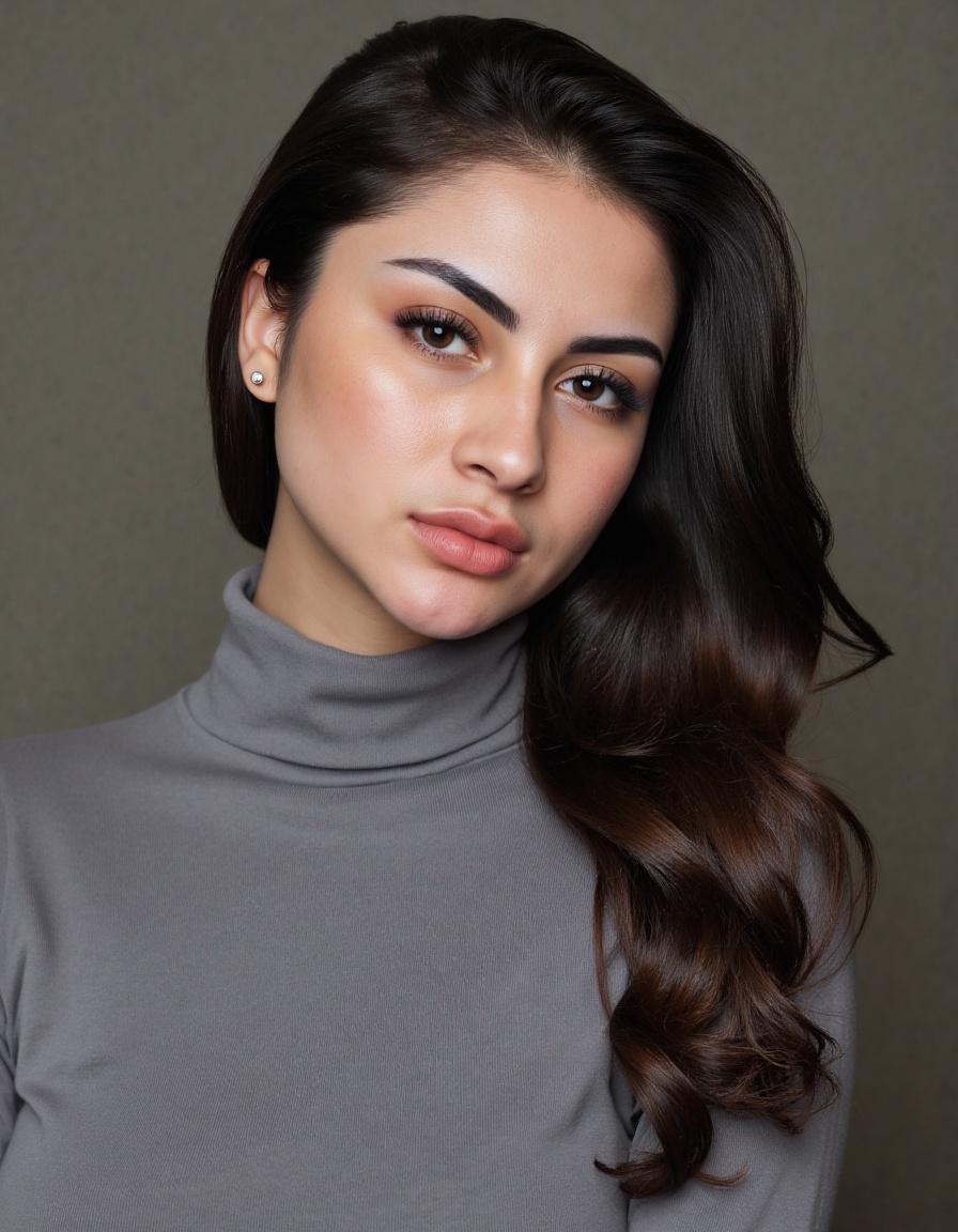 A close-up editorial fashion portrait of Nadien_May,  a young female model,  tightly framed to include only her face on Te...