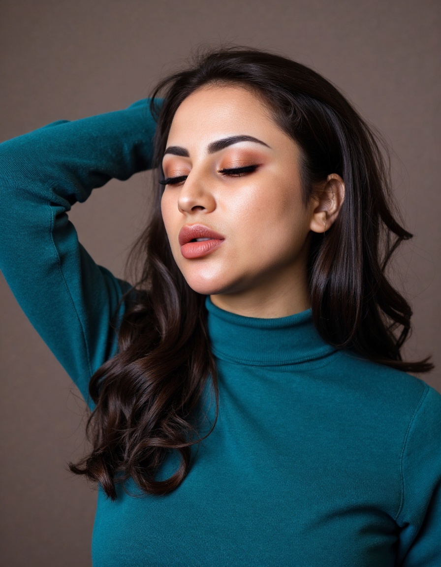 A close-up editorial fashion portrait of Nadien_May,  a young female model,  tightly framed to include only her face on Te...