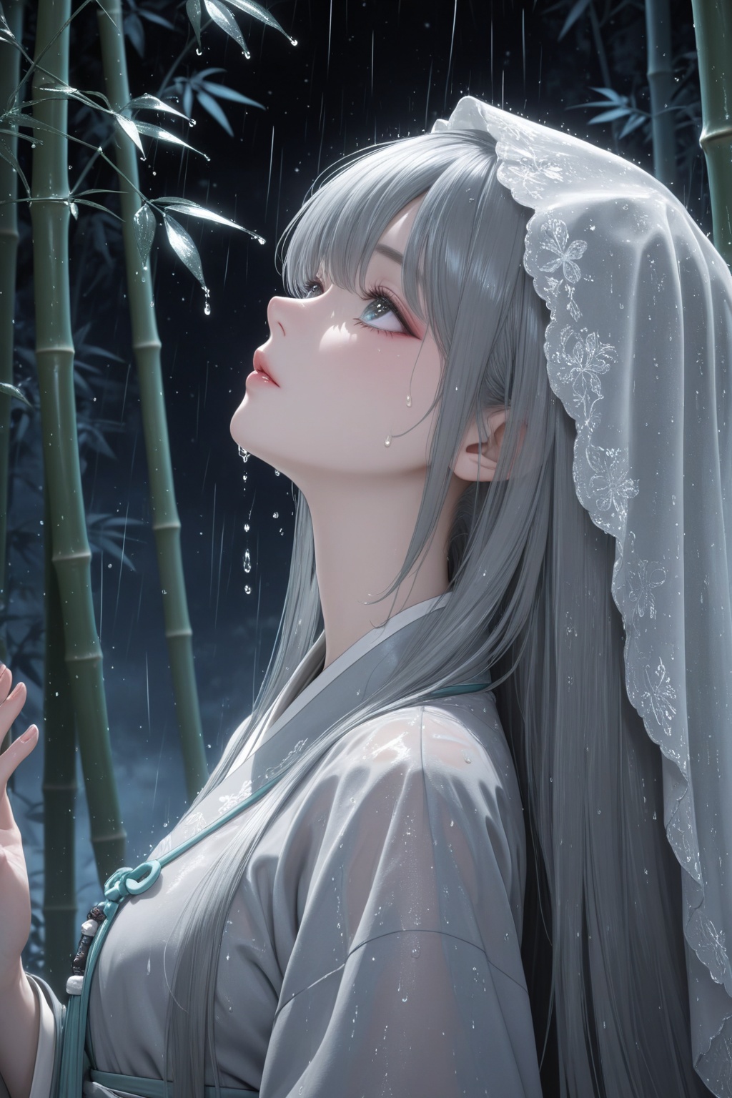 3D next-generation CG character rendering. A Hanfu girl dressed in light gray gauze Hanfu with dark patterns on the fabric...