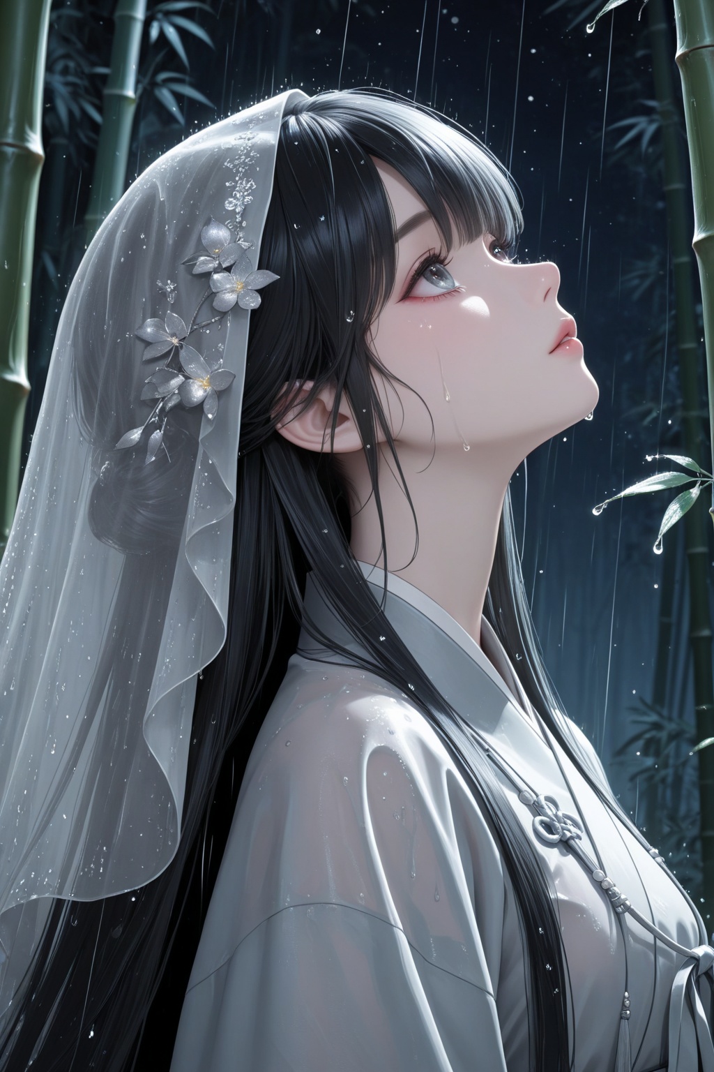 3D next-generation CG character rendering. A Hanfu girl dressed in light gray gauze Hanfu with dark patterns on the fabric...