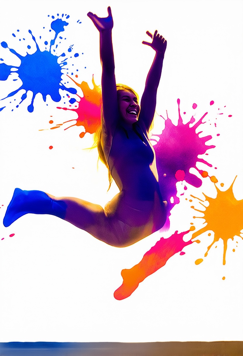 softwatercolor,  a dynamic full-body shot of a woman caught mid-leap,  arms thrown wide to the sky with a brilliant on Ten...