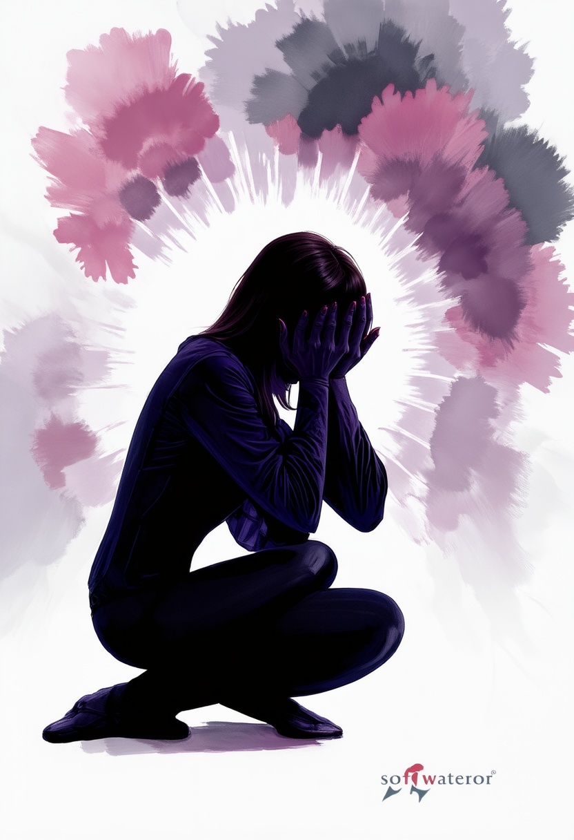 softwatercolor,  a raw,  emotional depiction of a woman seated with her elbows resting on her knees on Tensor.Art
