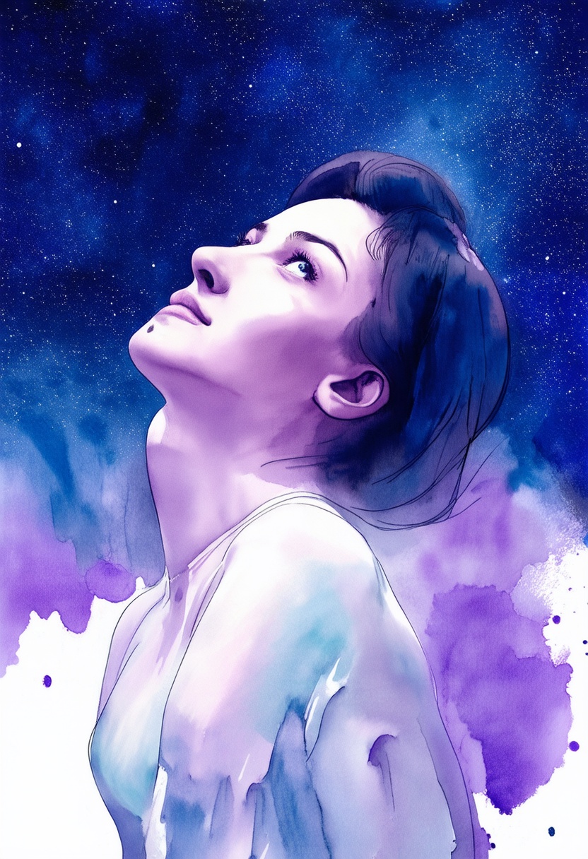 softwatercolor,  a woman viewed from a low angle,  her head tilted directly upward toward a vast sky on Tensor.Art