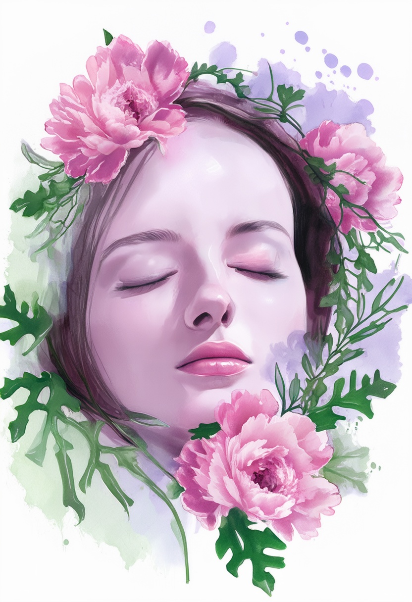 softwatercolor portrait of a woman with her eyes closed,  surrounded by a delicate wreath of wild peonies and eucalyptus l...