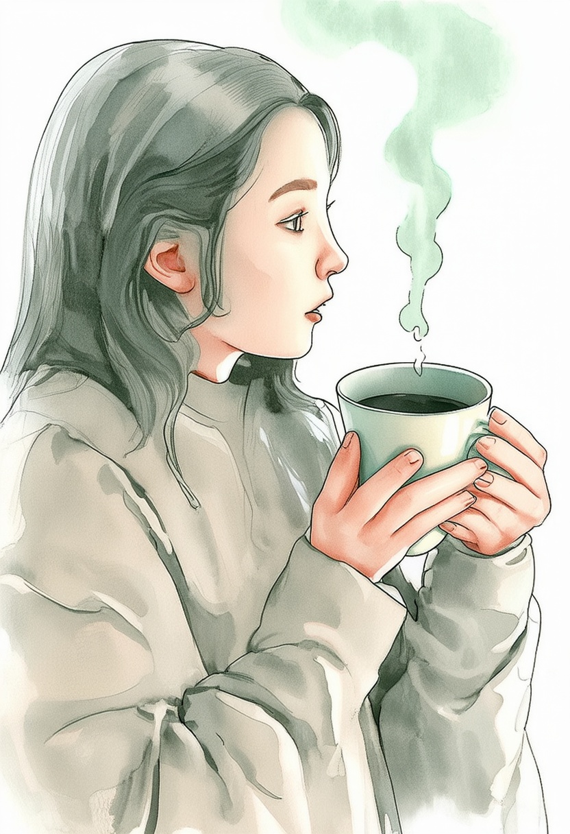 softwatercolor scene of a woman holding a warm ceramic mug in both hands,  looking thoughtfully out at a misty morning. So...