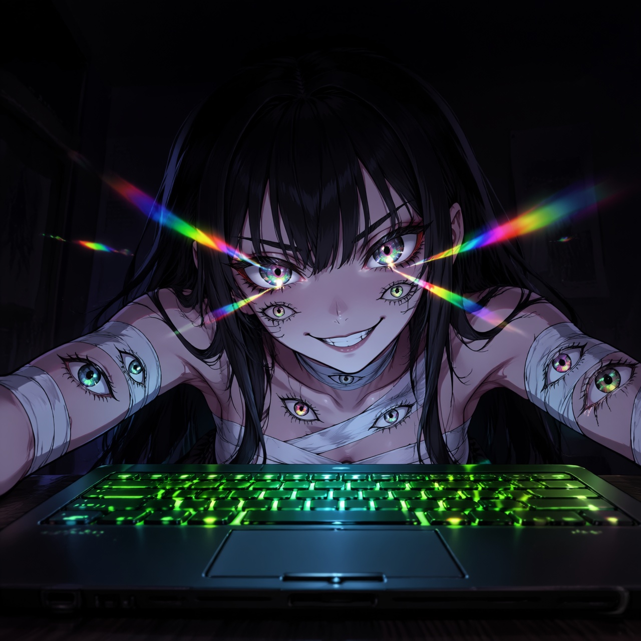 [dark_anima] An extreme close-up,  low-angle anime digital illustration of a gothic girl,  viewed from a dynamic perspecti...