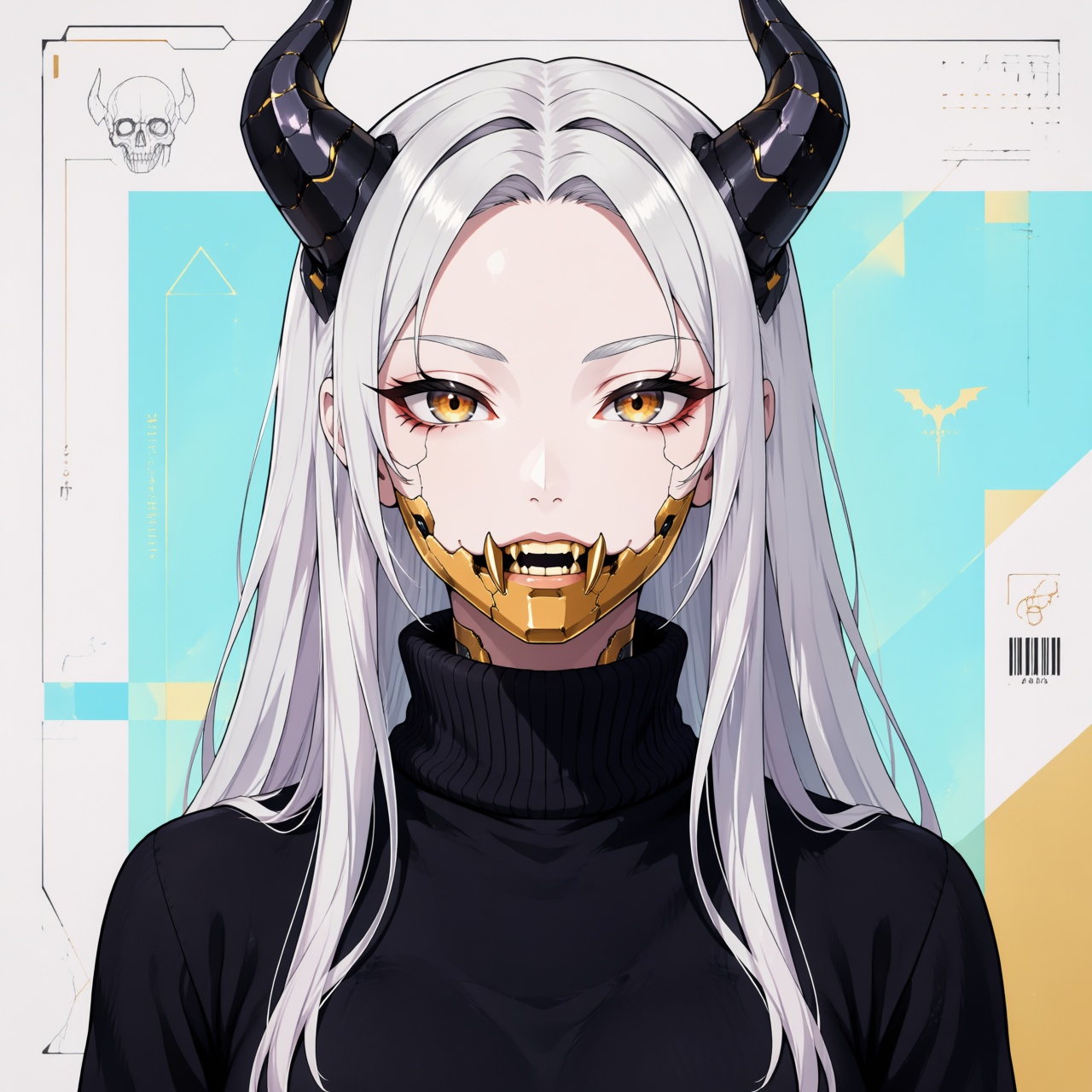 [dark_anima] A beautifully detailed,  eye-level anime digital illustration of a cyberpunk demon girl looking calmly straig...