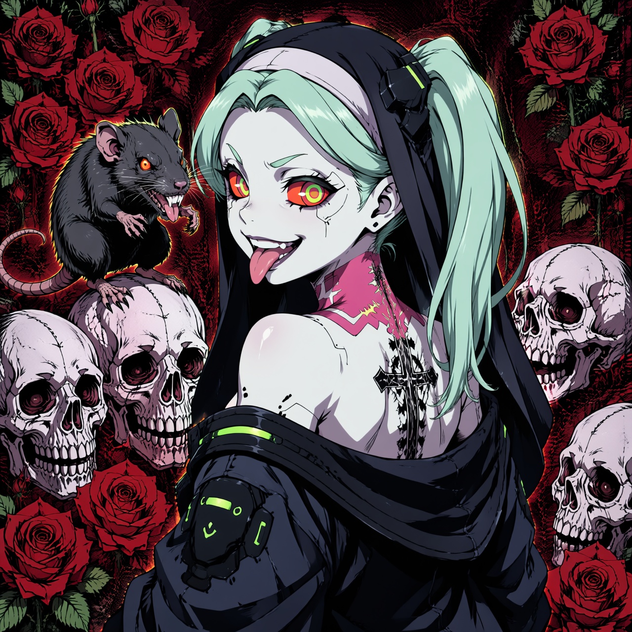 [dark_anima] A striking over-the-shoulder anime digital illustration with a tilted camera angle. The character is Rebecca...