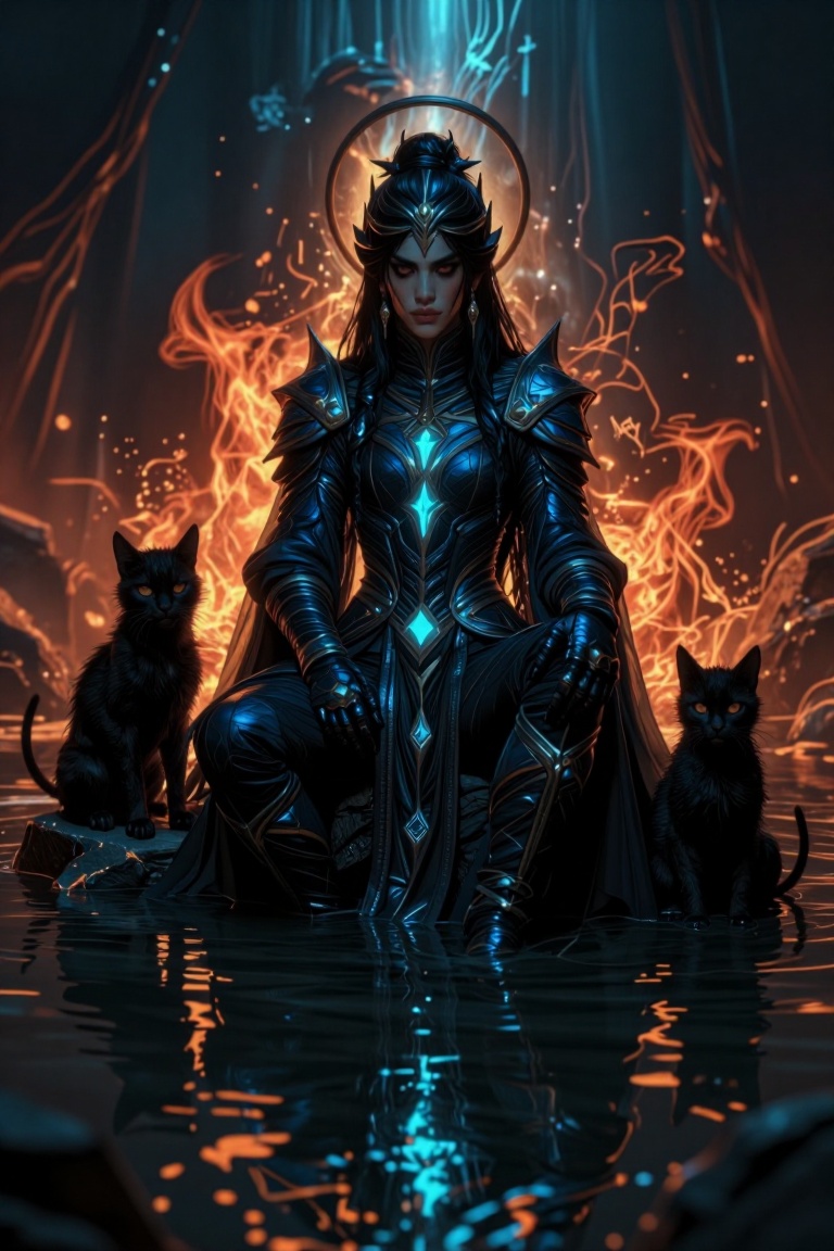 The image depicts a dark,  mystical scene with a figure seated on a rock in the water,  surrounded by two black cats. The...