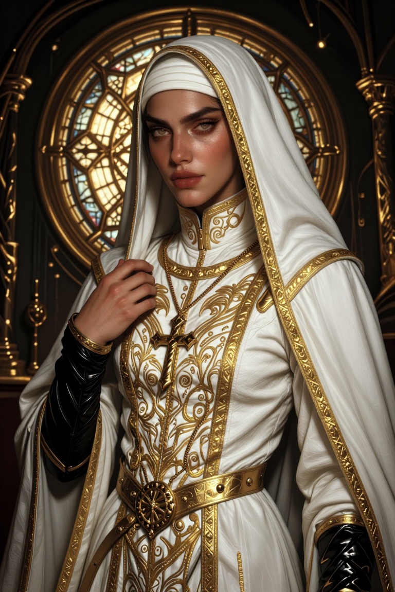 The image depicts a figure dressed in a white and gold medieval-style outfit,  resembling a nun or a religious figure. The...