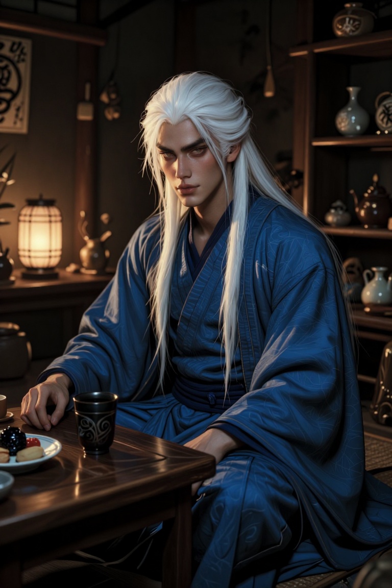 The image depicts a serene and mystical scene with a figure seated at a table. The person has long,  flowing white hair an...