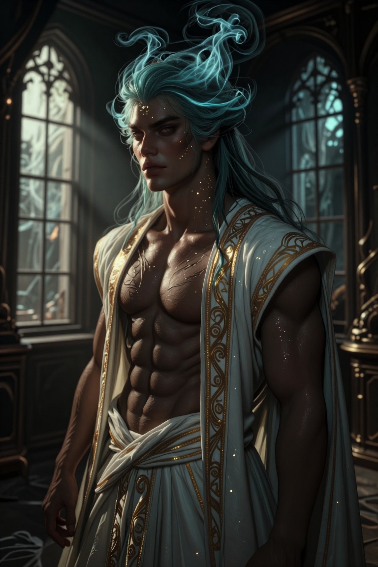 The image depicts a figure with a serene and ethereal appearance,  standing in a dimly lit room with large,  ornate window...