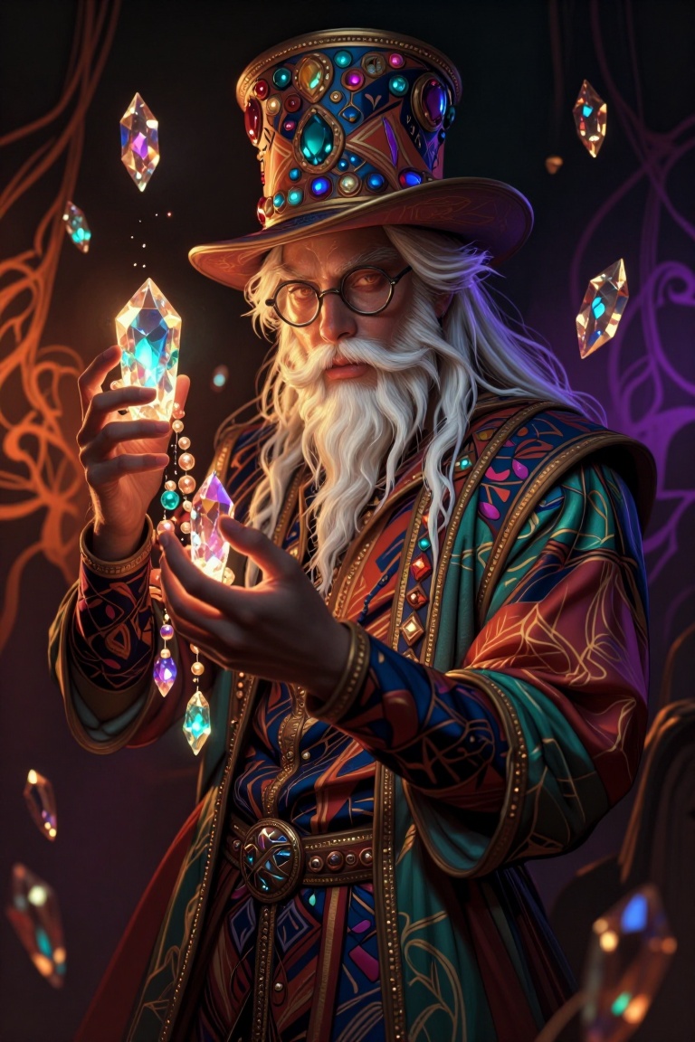 The image depicts a whimsical and fantastical scene. A character is dressed in a vibrant,  ornate outfit featuring intrica...