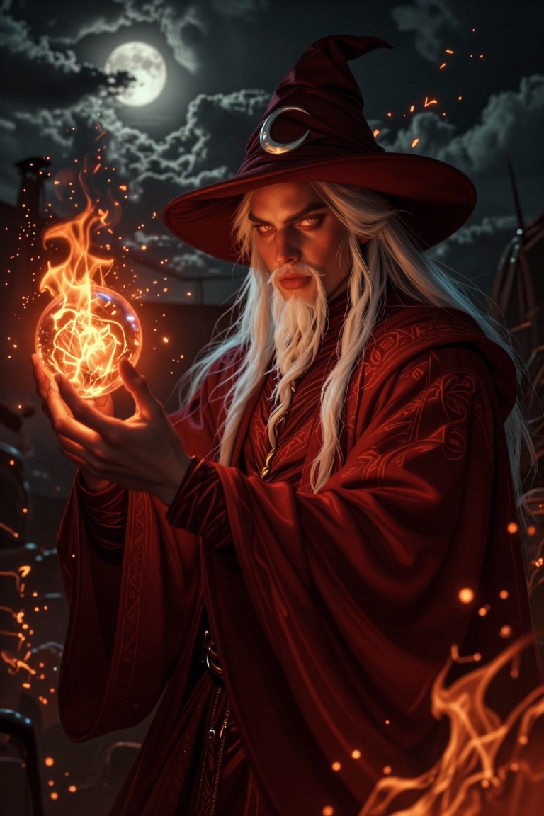 The image depicts a fantastical scene with a wizard-like figure in the foreground. The wizard is dressed in a flowing red...