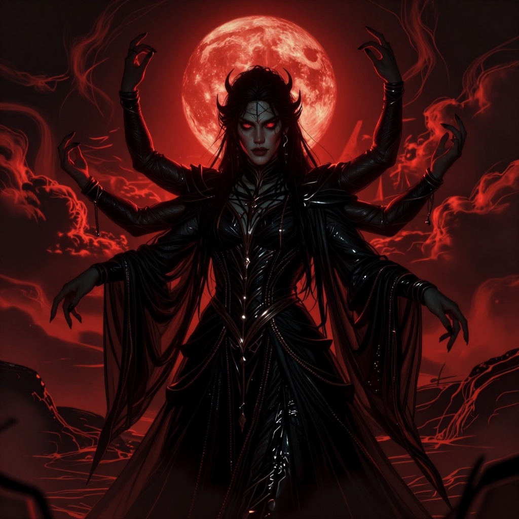 The image depicts a mystical figure standing in a dramatic landscape. The figure is adorned in intricate,  dark,  and flow...