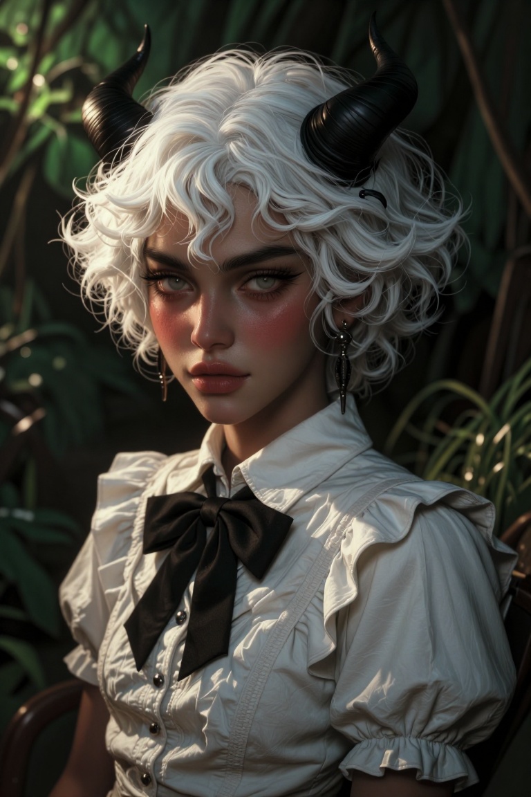 The image depicts a stylized,  anime-inspired character with a unique appearance. The character has short,  curly white ha...