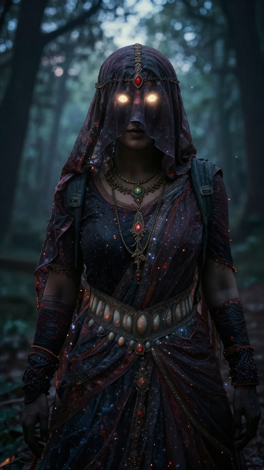 Create a cinematic scene where an Indian witch stands,  her hair and forehead covered by a hard veil made of opaque cloth,...