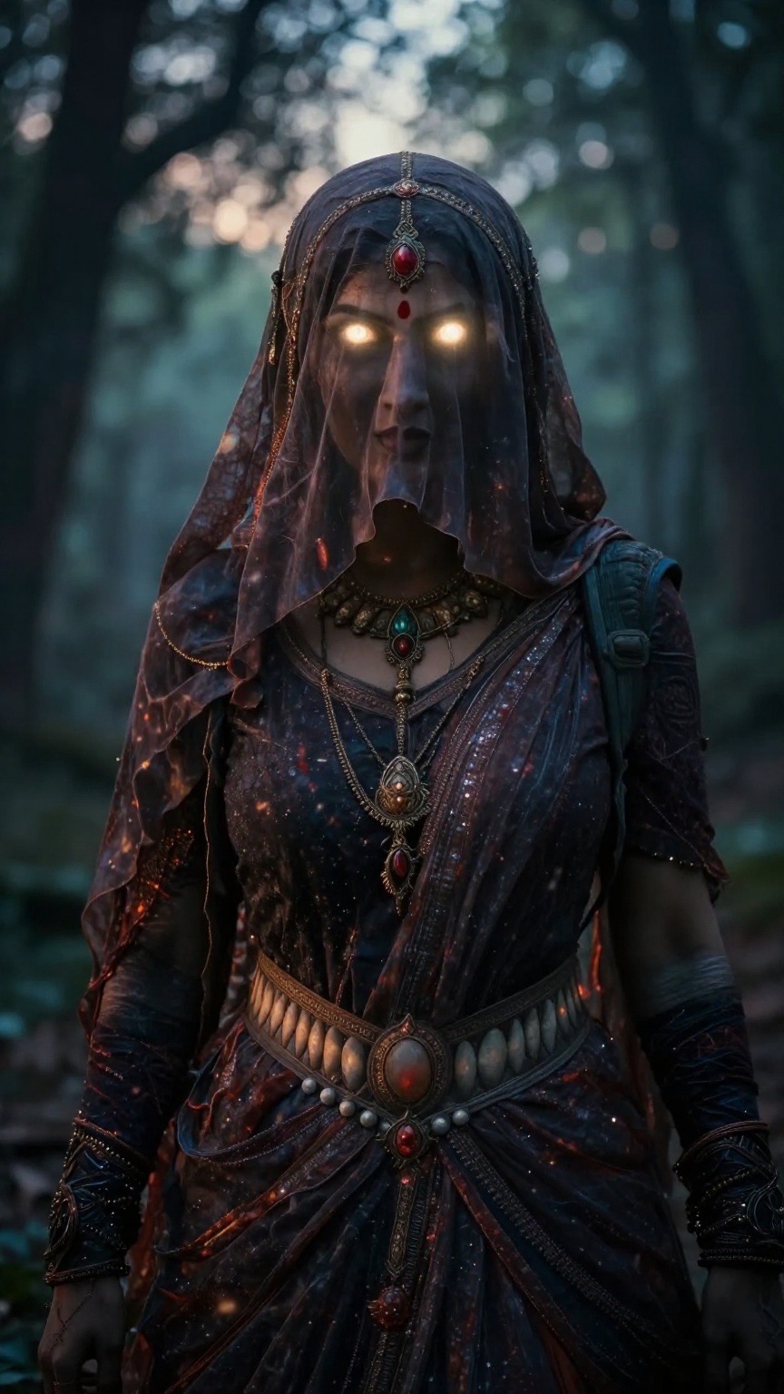 Create a cinematic scene where an Indian witch stands,  her hair and forehead covered by a hard veil made of opaque cloth,...