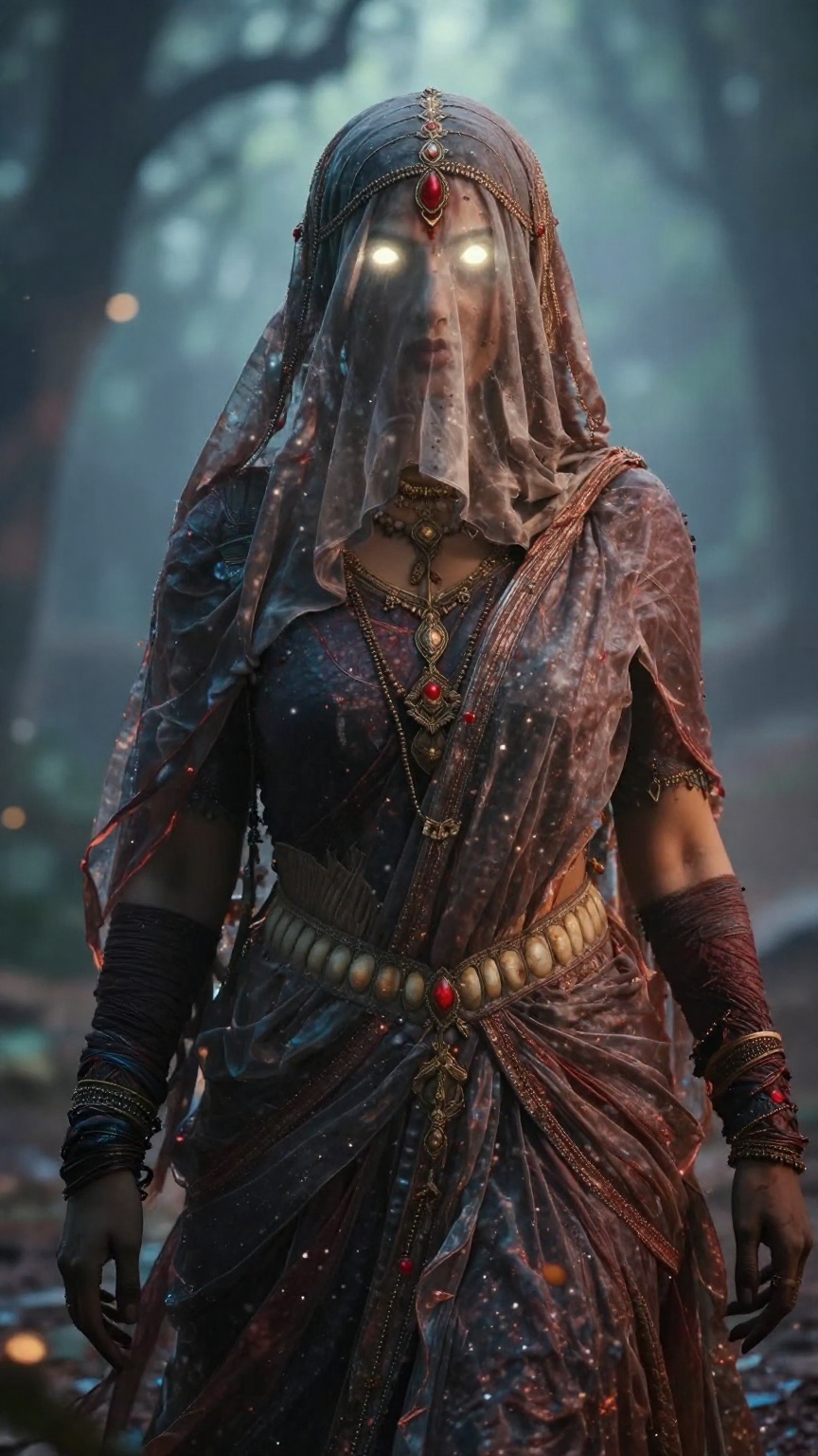 Create a cinematic scene where an Indian witch stands,  her hair and forehead covered by a hard veil made of Vail cloth,...