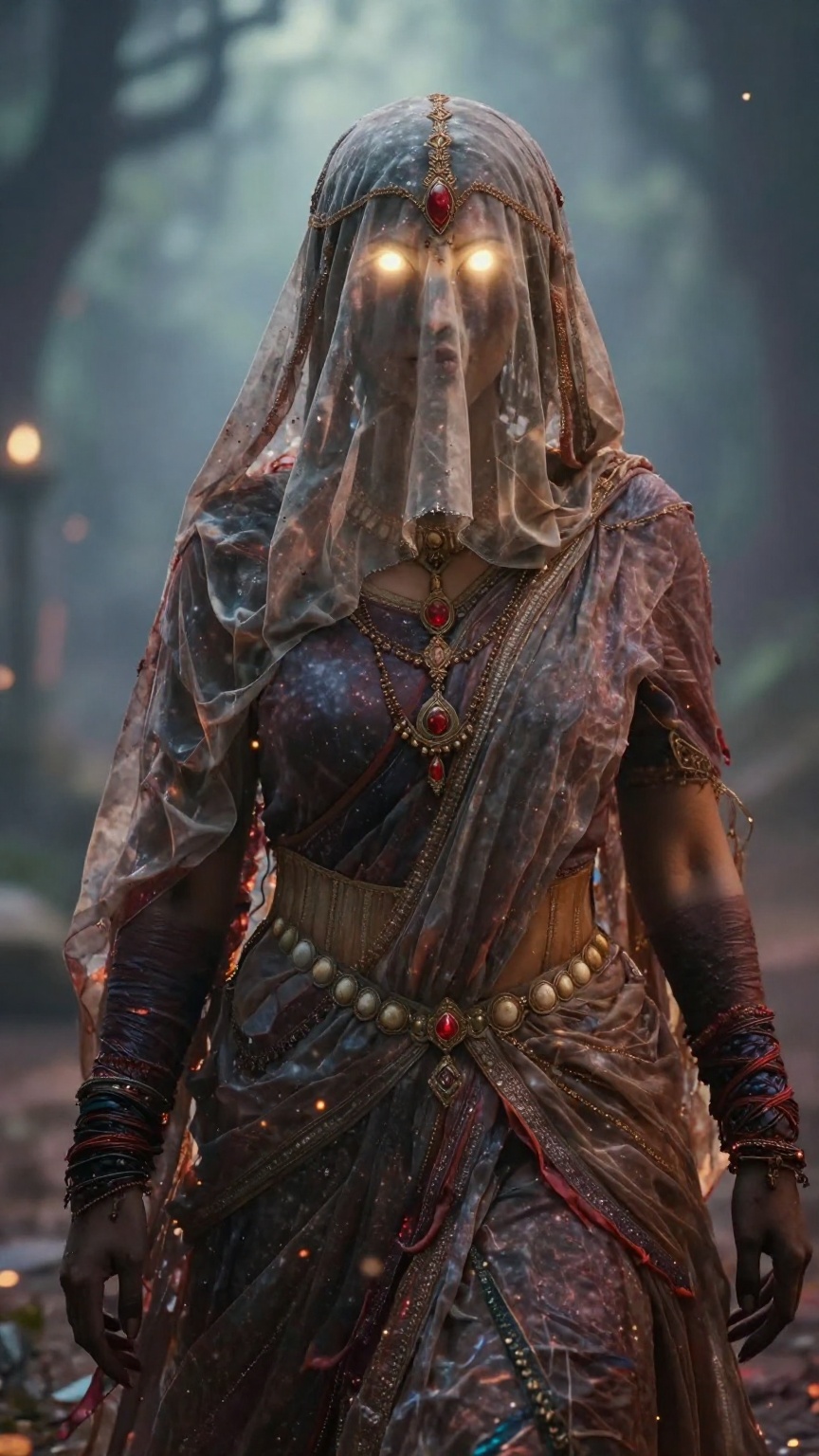 Create a cinematic scene where an Indian witch stands,  her hair and forehead covered by a hard veil made of Vail cloth,...